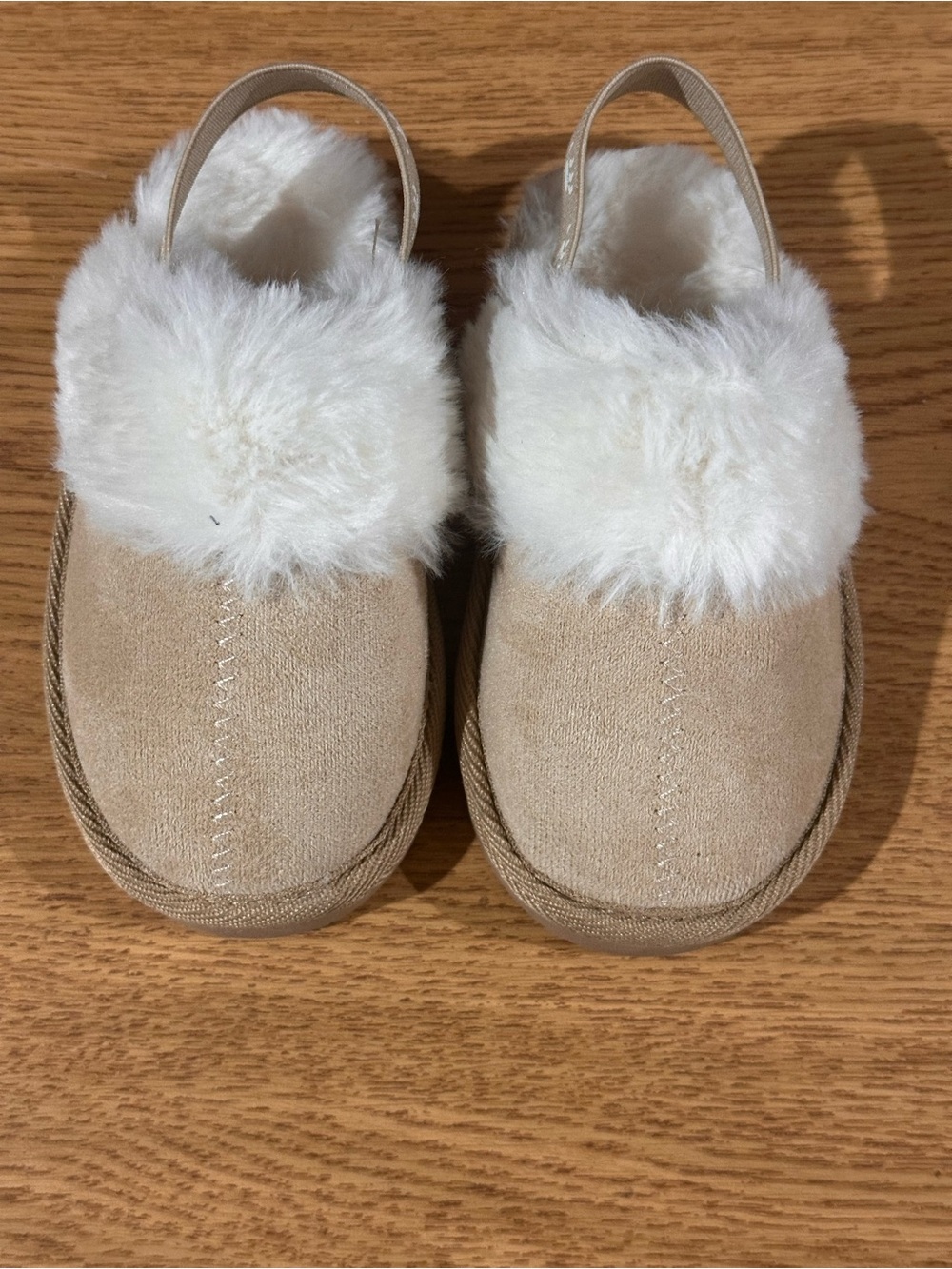 BEARPAW Kids Girls Faux Fur Slippers Size 6 Beige White Slingback Cozy Shoes